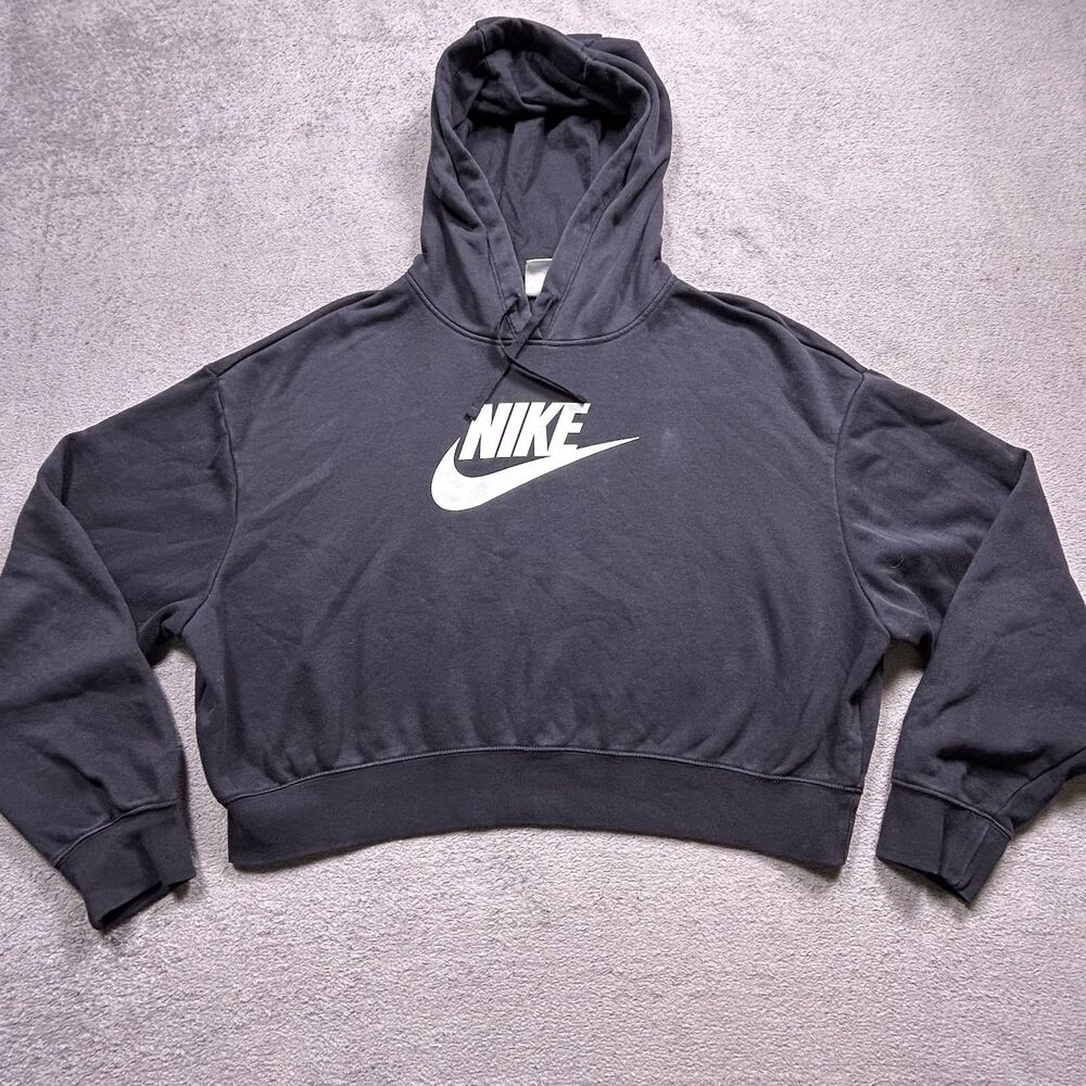 Nike Cropped Hoodie Womens L Black Swoosh Pullover Sweatshirt Athleisure
